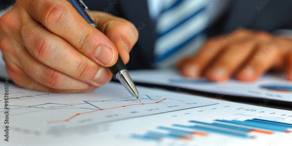 A close-up of a business executive signing a contract, with graphs and charts in the background representing mergers and acquisitions, highlighting a key business decision A close-up of a business executive signing a contract, with graphs and charts in the background representing mergers and acquisitions, highlighting a key business decision