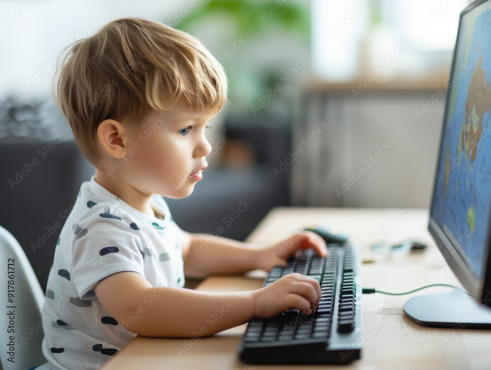 A focused child explores creativity at a computer, demonstrating early learning and the joy of technology in a bright environment. A focused child explores creativity at a computer, demonstrating early learning and the joy of technology in a bright environment.