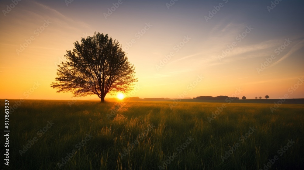 Obraz premium Sunrise over Tranquil Field with Lone Tree â€“ Beautiful Landscape Photography