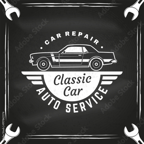 Auto service logo, emblems, badges, sticker on the chalkboard. Vector. Service car repair, restoration and car club design elements