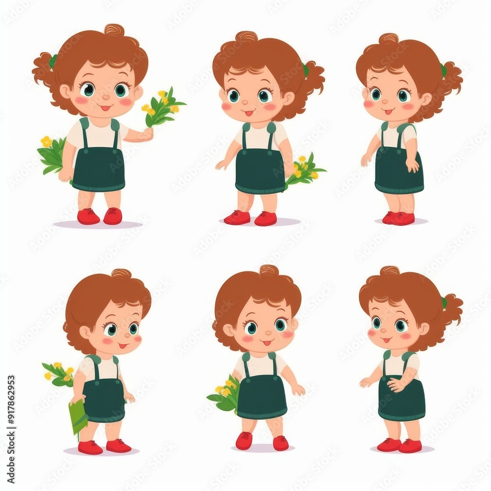 Cute Cartoon Girl Character with Flowers Set – Adorable Child in Green Dress and Red Shoes Illustration for Children’s Books and Educational Materials Cute Cartoon Girl Character with Flowers Set – Adorable Child in Green Dress and Red Shoes Illustration for Children’s Books and Educational Materials