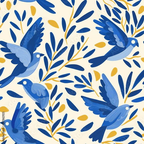seamless pattern with birds, blue on white
