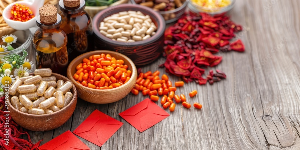 Fototapeta premium Colorful array of herbs, spices, and supplements arranged on a rustic wooden table, showcasing natural remedies and wellness.