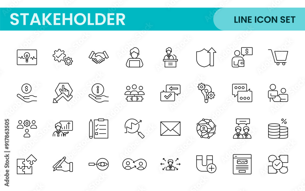Stakeholder outline icons set. Business, teamwork, trade unions, suppliers, government, customers, creditors, community, investors and partners. Stakeholder outline icons set. Business, teamwork, trade unions, suppliers, government, customers, creditors, community, investors and partners.