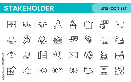 Stakeholder outline icons set. Business, teamwork, trade unions, suppliers, government, customers, creditors, community, investors and partners.