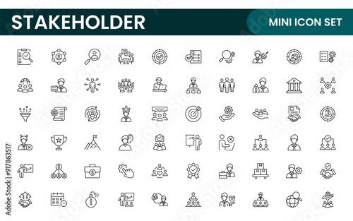 Stakeholder outline icons set. Business, teamwork, trade unions, suppliers, government, customers, creditors, community, investors and partners.