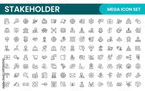 Stakeholder outline icons set. Business, teamwork, trade unions, suppliers, government, customers, creditors, community, investors and partners.