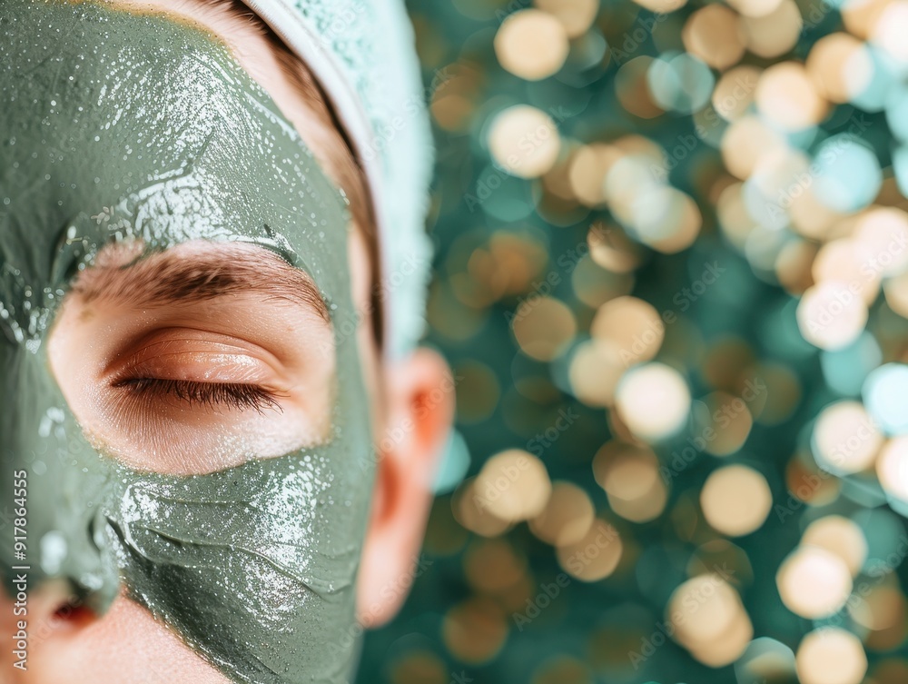 Fototapeta premium Relaxing beauty treatment featuring a woman with a green facial mask against a vibrant bokeh background.