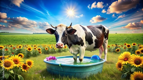 A cartoon cow thirstily drinks from a colorful water trough, set against a bright green meadow with sunflowers and fluffy white clouds. photo