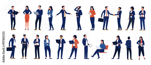 Collection of businesspeople - Set of white collar professional people in suit working using laptops, talking and standing in various poses. Flat design vector bundle with white background