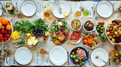 Overhead View of a Table Set for a Festive Meal with Various Dishes