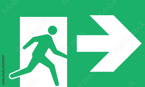 Green exit sign with a running silhouette and direction arrow. Vector illustration