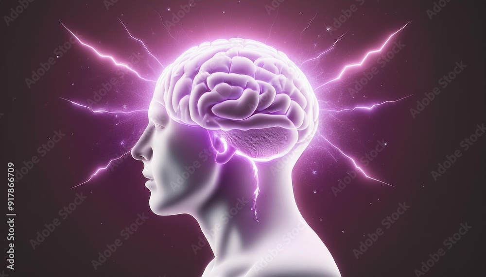 A striking visual of a human brain energized with purple lightning, symbolizing creativity and mental power. A striking visual of a human brain energized with purple lightning, symbolizing creativity and mental power.