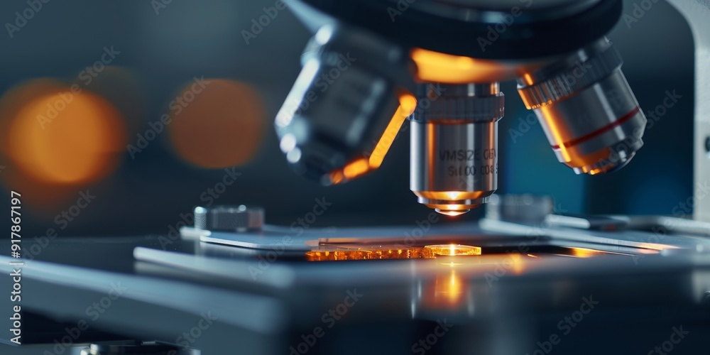 Detailed image of a digital microscope with a clear view of a specimen slide, capturing the fine details and precision required for scientific study and analysis Detailed image of a digital microscope with a clear view of a specimen slide, capturing the fine details and precision required for scientific study and analysis