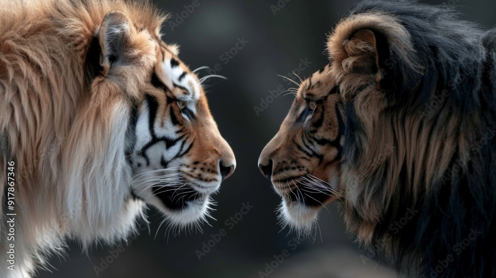 Fototapeta premium Majestic Encounter of Tiger and Lion, fierce wild cats facing each other in the wilderness, showcasing their impressive features in a serene natural habitat.