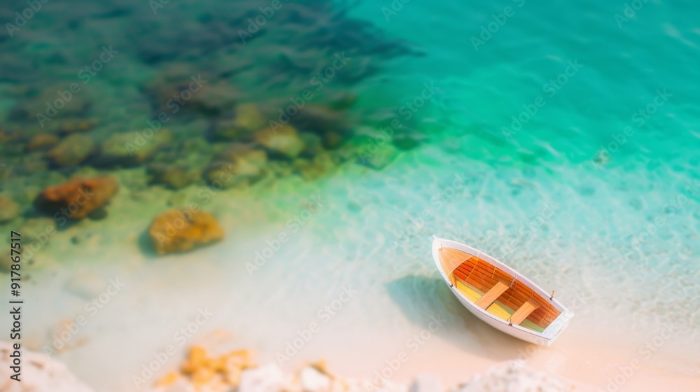 Fototapeta premium Elegant Italian Riva Motorboat on a Sandy Mediterranean Beach, Surrounded by Cliffs and Rocks, Embodying Luxury and a Rich Coastal Lifestyle