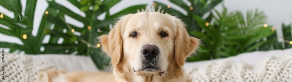 Regal Golden Retriever on Chic Sofa, a charming golden retriever sitting gracefully on a stylish white sofa, adorned with a crown, surrounded by tropical plants in a refined decor. Regal Golden Retriever on Chic Sofa, a charming golden retriever sitting gracefully on a stylish white sofa, adorned with a crown, surrounded by tropical plants in a refined decor.