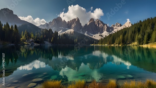 dyllic nature scenery- trasparent mountain lake Carezza surrounded by Dolomites rocks- one of the most beautiful lakes of Alps. South Tyrol region. Italy Generative AI photo