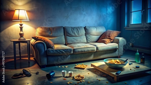 A deserted, worn-out couch sits idle in a dimly lit, cluttered room with scattered remotes and forgotten snacks, epitomizing laziness and inactivity.
