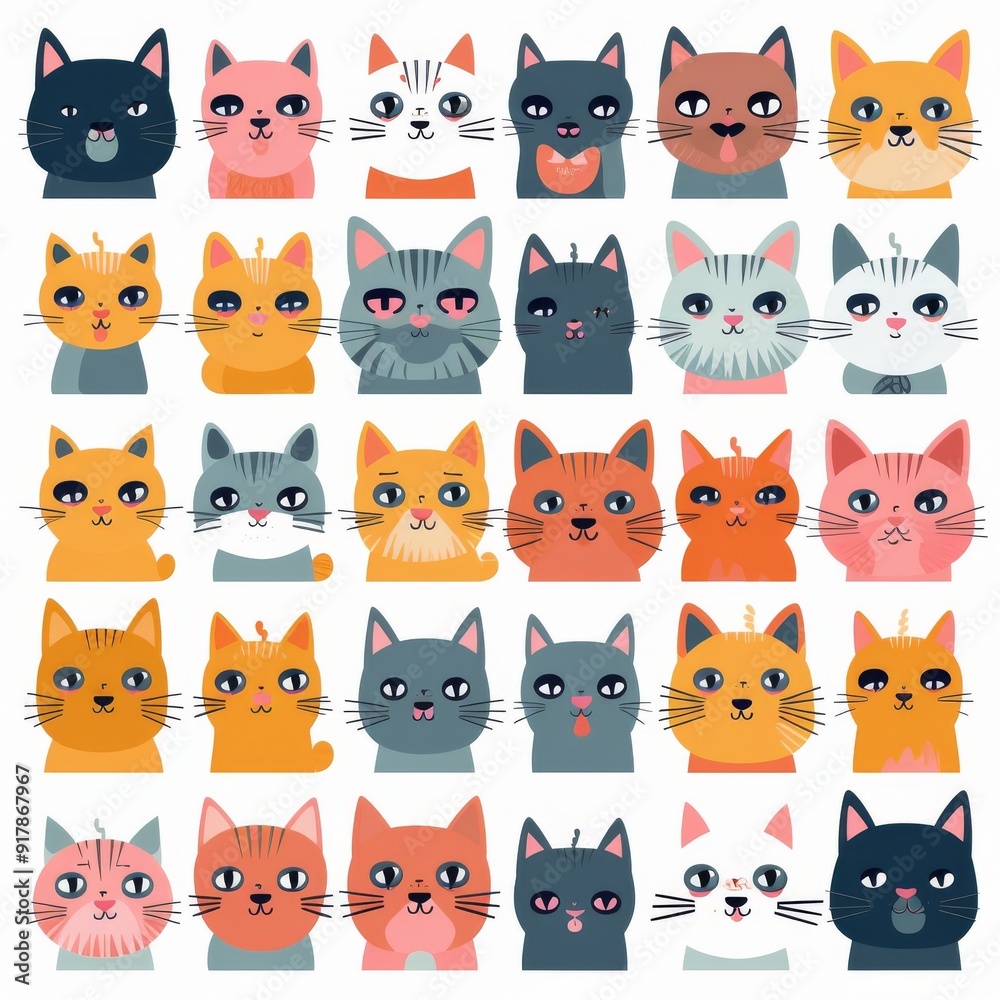 Obraz premium Cute Cat Faces Illustration - Colorful Cartoon Style Cat Heads Pattern for Kids and Pet Lovers