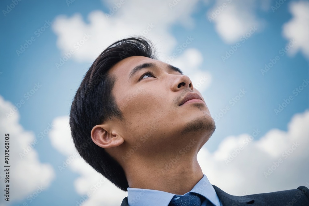 Young Asian businessman looking up at the sky Young Asian businessman looking up at the sky