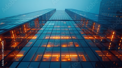 Wallpaper Mural A modern skyscraper with a glass facade reflecting the surrounding cityscape at dusk. Torontodigital.ca