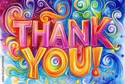 Thank you card design featuring vibrant watercolor lettering