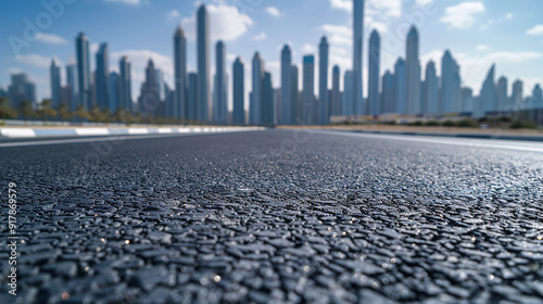 Asphalt road leading to a big city with skyscrapers and offices photo