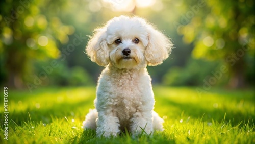 Adorable small white toy poodle dog with curly fur and big brown eyes sits on a green grass lawn on a sunny day.