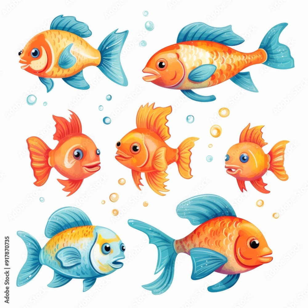 Fototapeta premium Colorful Cartoon Fish Illustration - Bright and Detailed Fish Artwork with Bubbles