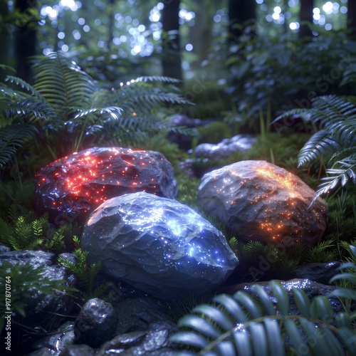 Enchanted Glowing Stones in Mystical Forest with Ethereal Light photo