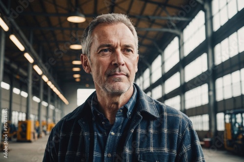 A mature man dressed in plaid standing in an industiral building photo