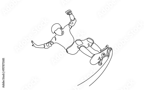One Continuous line drawing of a skateboarder young teenage man. A Single-line skateboarder jumping boy playing with a skateboard isolated on a white background.