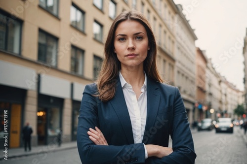 Portrait of young confident businesswoman standing on street with arms crossed photo