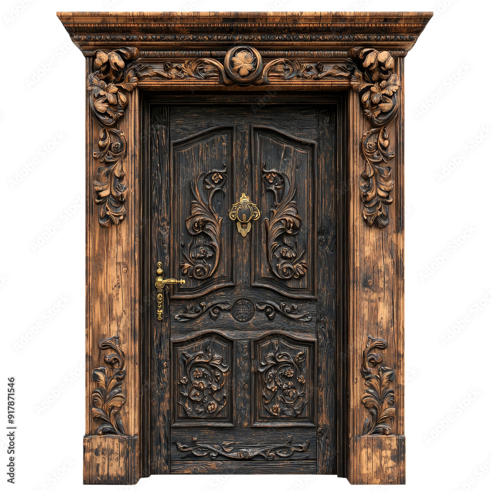 Dark wooden door with ornate carvings and brass handle on a transparent background clipart isolate Dark wooden door with ornate carvings and brass handle on a transparent background clipart isolate