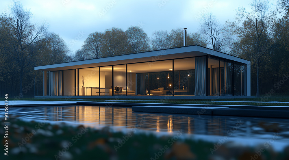 Obraz premium Single-Level Studio Rendering with Flat Roof and Glass Aesthetics