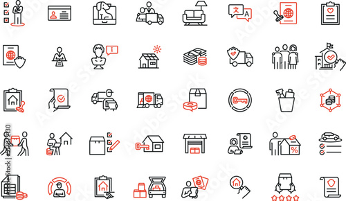 Vector Collection of linear icons related to emigration, relocation process and accompanying support. Mono line pictograms and infographics design elements
