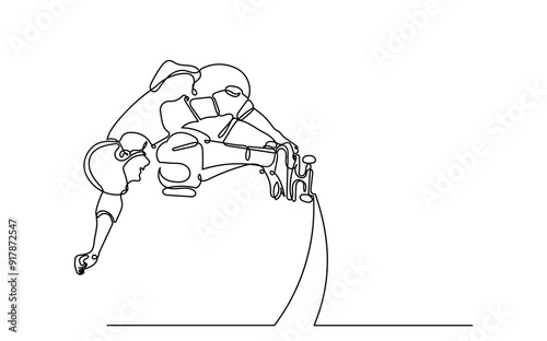 One Continuous line drawing of a skateboarder young teenage man. A Single-line skateboarder jumping boy playing with a skateboard isolated on a white background.