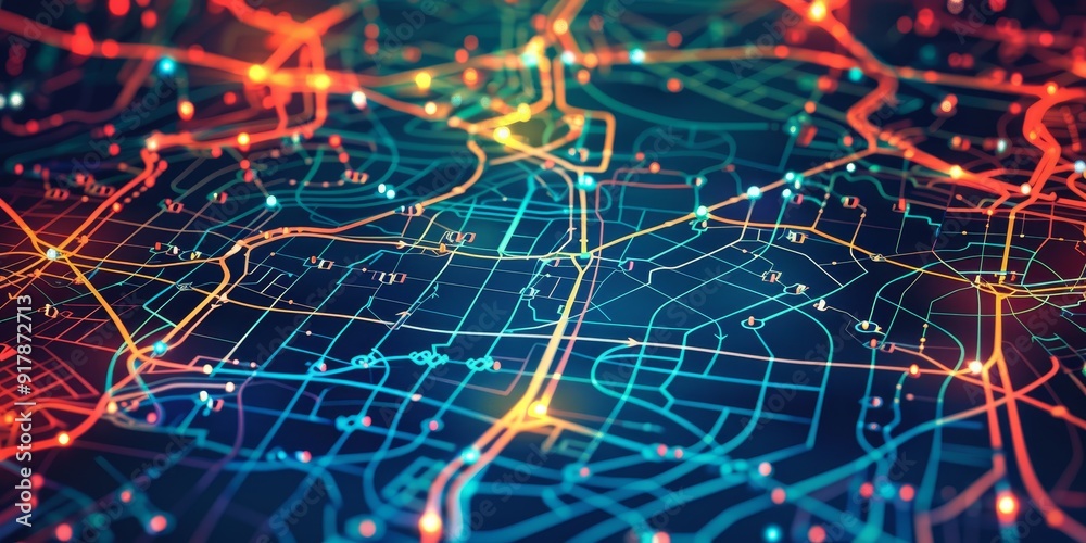 A detailed transportation network map featuring interconnected routes such as roads, railways, and buses, designed to illustrate the complex and efficient urban transit system A detailed transportation network map featuring interconnected routes such as roads, railways, and buses, designed to illustrate the complex and efficient urban transit system