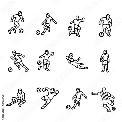 football players with ball. Football players line art icon set.
