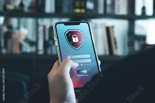 Smartphone security system. concept of technology protecting access to personal data and online financial transactions. with secure identification and password