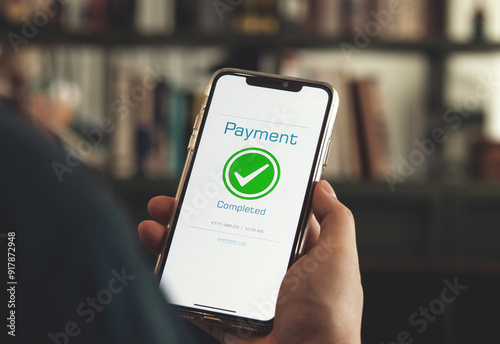 Payment complete Notifications. Customer using online banking application on smartphone to pay for purchases online and product in department store