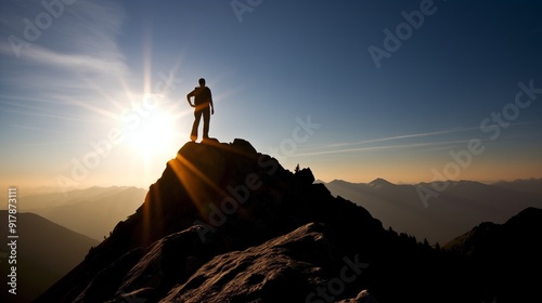 Inspirational Photograph of a Person Triumphantly Standing on a Mountain Peak at Sunrise