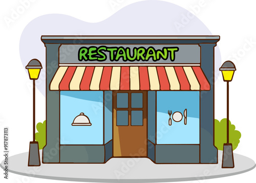 boy eating ice crRestaurant cafe front flat style Vector illustration building exterioream-01