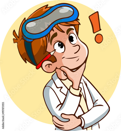 Child inventor thinks.Fun scientific education. Flat vector illustration