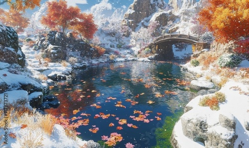 Enchanting Anime-Style Winter Wonderland: Serene Pool with Floating Leaves in Snowy Forest. Captivating Digital Art Blending Seasons for Book Illustrations and Creative Marketing Visuals. Mesmerizing  photo