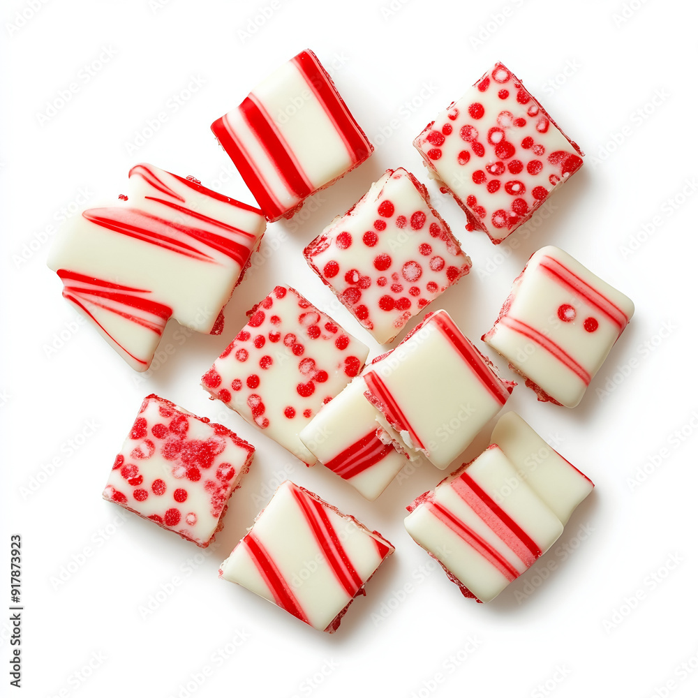 Obraz premium Christmas peppermint bark with red and white candy pieces, isolated on white background, top view 