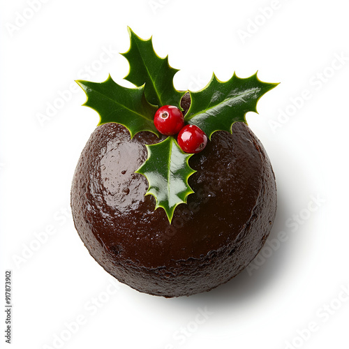 British Christmas pudding with holly leaves and berries for Christmas, isolated on white background, top view  photo