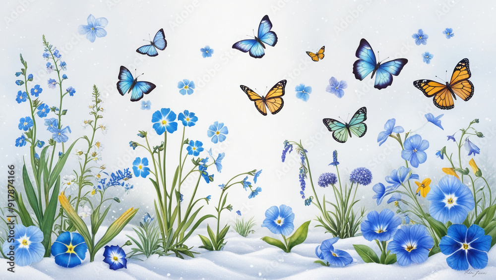 Bright, delicate blue flowers of various shapes and sizes. Bright, delicate blue flowers of various shapes and sizes.
