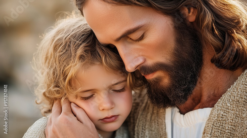 Closeup of Jesus Christ comforting a child, His hand on the child's head, both faces full of warmth and compassion, photorealistic detail 